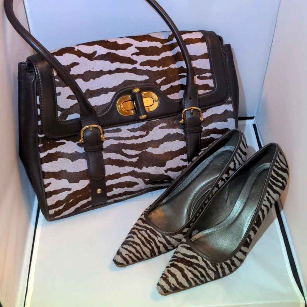 Ann Taylor bag and shoe set zebra shoulder bag 8.5 black cream heels pumps